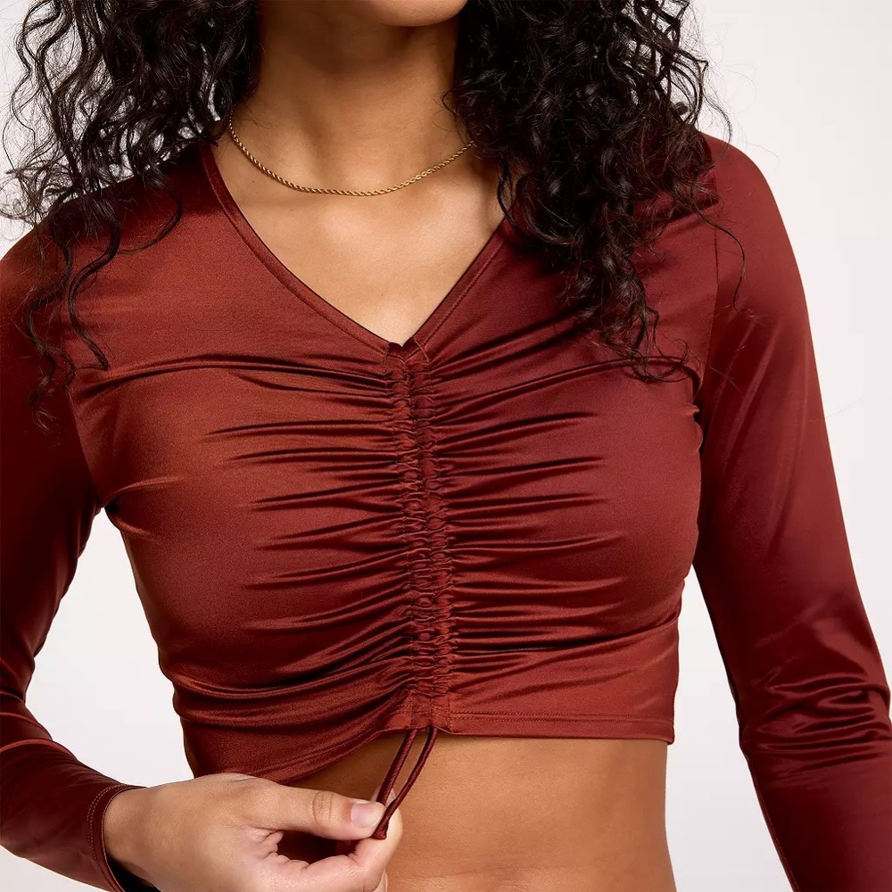 CALIA Women's Long Sleeve Ruched Swim Rashguard Red Brown Shine Sz M NWT